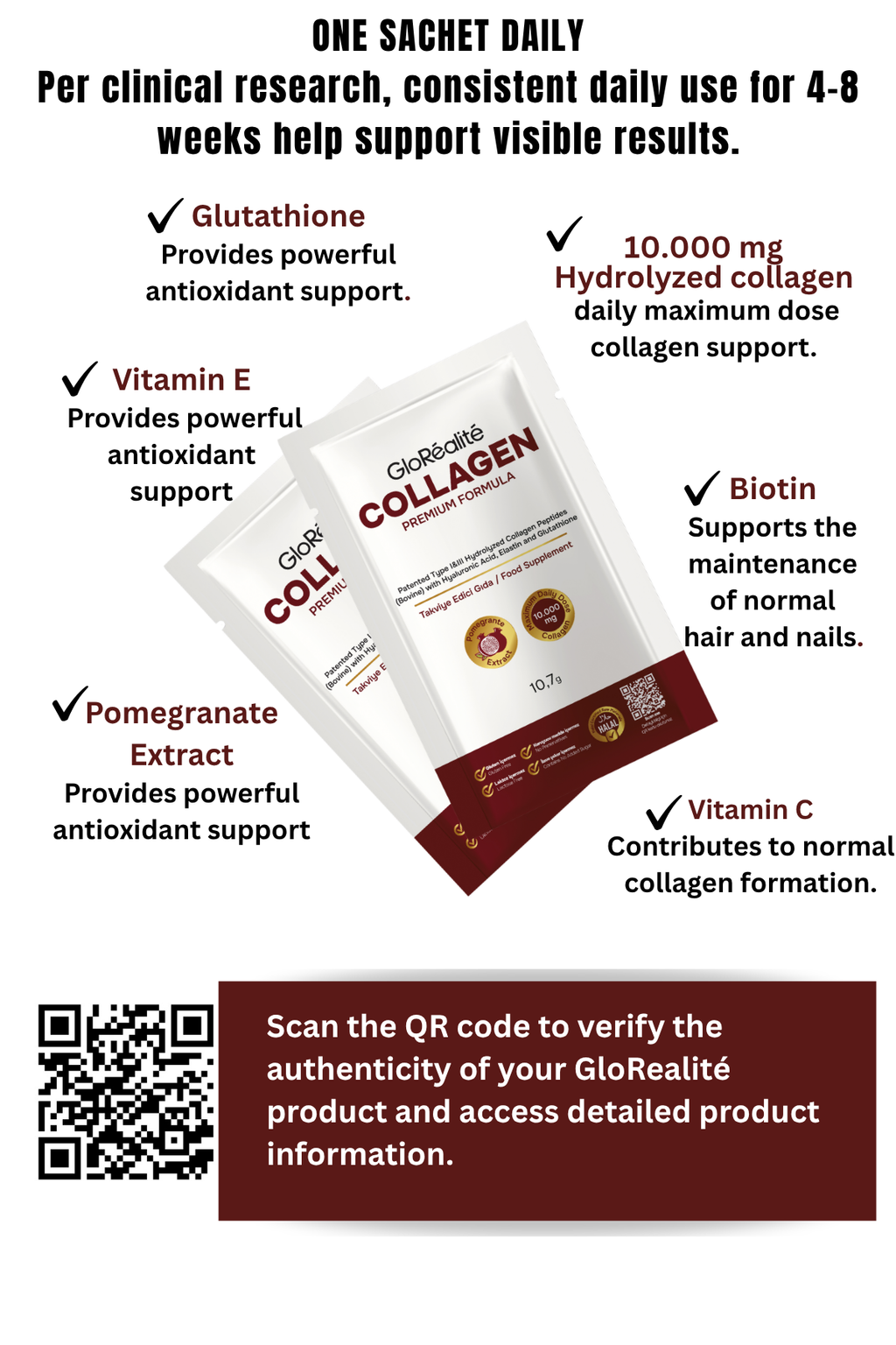 Gloréalité Premium Hydrolyzed Collagen Peptides 10,000 mg + Glutathione | 30 sachets