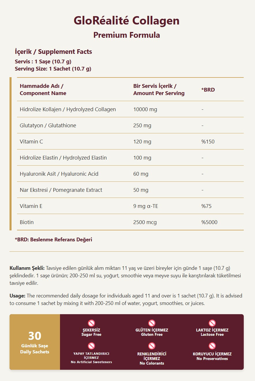 Gloréalité Premium Hydrolyzed Collagen Peptides 10,000 mg + Glutathione | 30 sachets